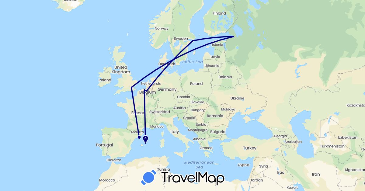 TravelMap itinerary: driving in Belgium, Spain, United Kingdom, Russia, Sweden (Europe)
